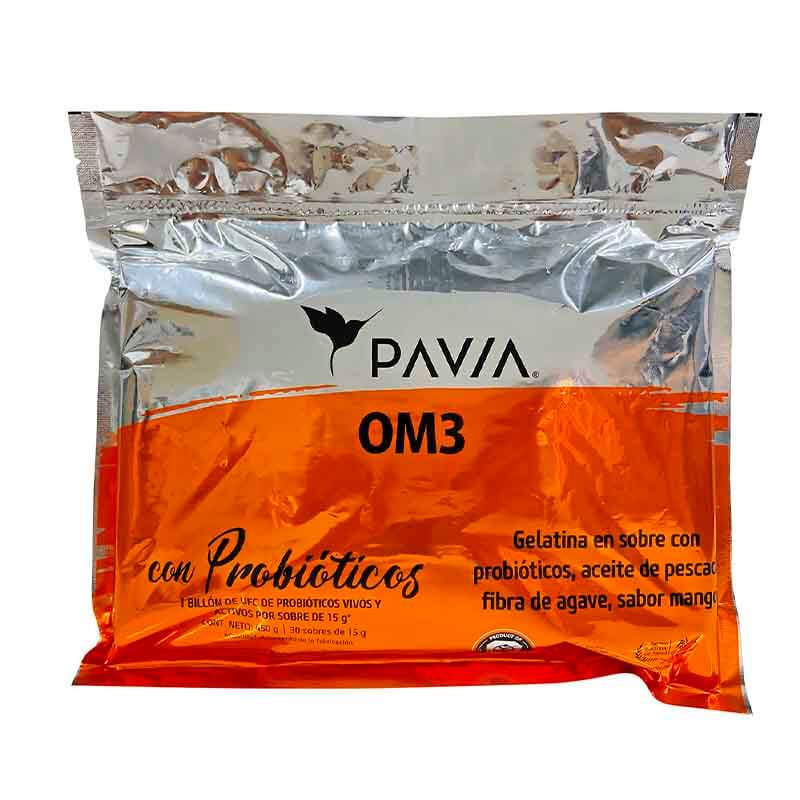 Probióticos vivos OM3 con prebiotico y omega3, sabor mango de Pavia, 30 sobres, para mejorar la concentracion